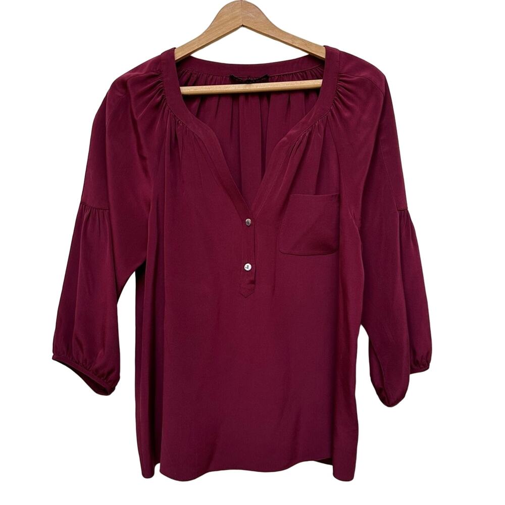 Tibi Silk Maroon V-Neck 3/4 Sleeve Flowy Blouse sz 12